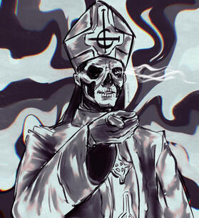 Black and white drawing of Secondo on his Papal makeup and robes. He is looking at the viewer, smiling softly. He is pointing at the viewer with his right hand. His white eye is glowing, leaving a trail to his left side. The background is like a striped mi