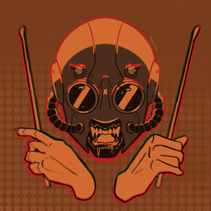 Drawing of Mountain ghoul. All you can see are his head and hands. He is wearing the era 5 helmet, and his mouth is open, showing his pointy fangs. With his hands, he is holding drum sticks. The whole drawing is made with orange tones.