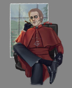 Drawing of Copia as Cardinal wearing his red cassock and black gloves with the grucifix. He is sitting on a black leather office chair, with a window to the garden behind him. His right leg is crossed over the other, his left arm hanging, and he is holding