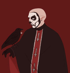 Drawing of Primo with his papal makeup and robes except the mitre. He has pointy ears with earrings. His right hand is extended a little, and a crow is standing on it. The crow is holding a small flower on its beak. Primo is looking at it.
