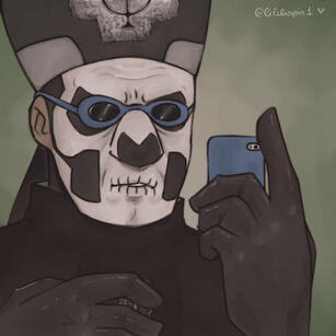 Closeup drawing of Secondo with his papal robes, mitre and makeup. He is taking a selfie, holding a tiny blue phone. He is wearing comically small swimming goggles.