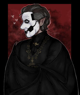 Drawing of Copia with his Papa face, with his Papal makeup and the vest with wings outfit. He is looking to the left from the viewers pov. The wings of the outfit are crossed in front of him. He has pointy vampire ears. The skull brooch fixing his black sc